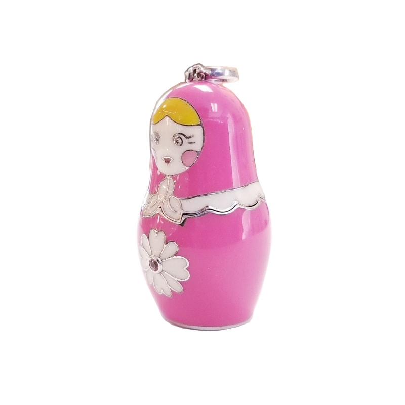 Pink Enamel Covered Sterling Silver Russian Doll with Central Pink Sapphire