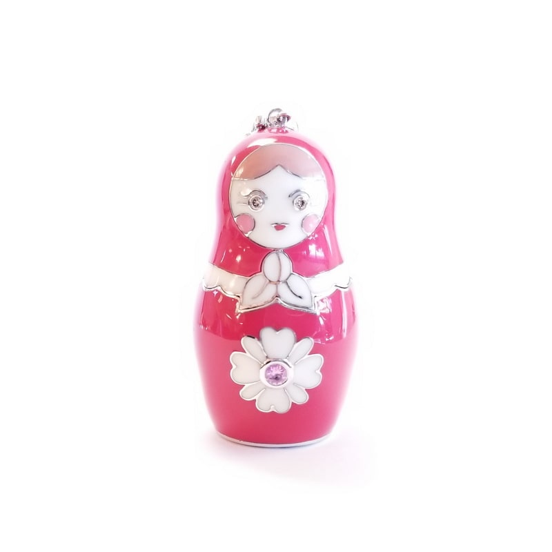 Red Enamel Covered Sterling Silver Russian Doll with Central Pink Sapphire