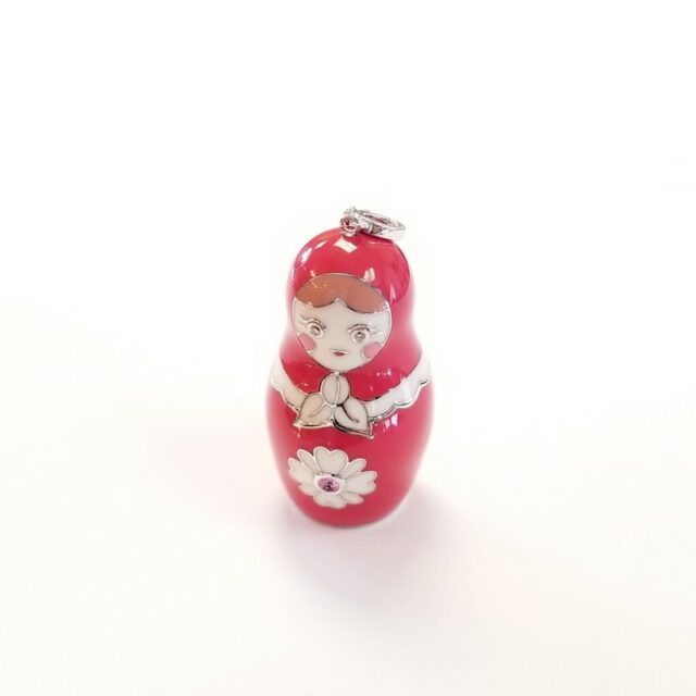 Red Enamel Covered Sterling Silver Russian Doll with Central Pink Sapphire