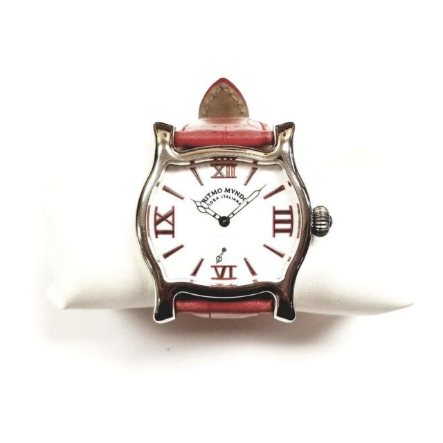 Ritmo Mundo Stainless Steel Crystal Tonneau Watch with Red Band