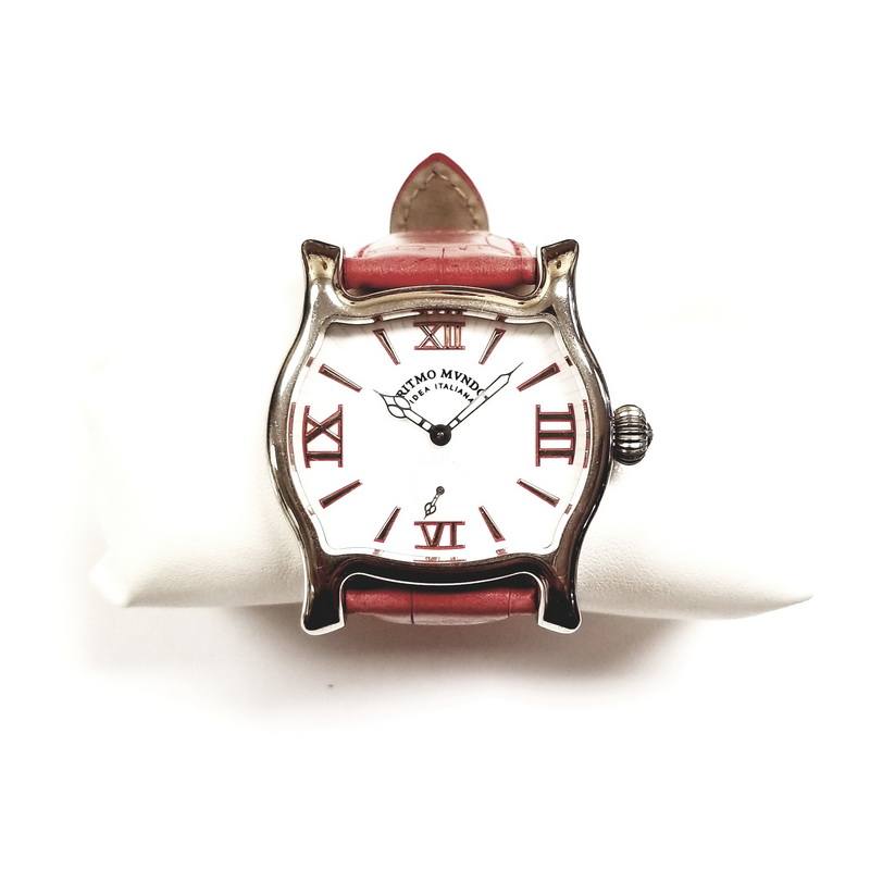 Ritmo Mundo Stainless Steel Crystal Tonneau Watch with Red Band
