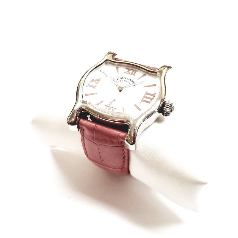 Ritmo Mundo Stainless Steel Crystal Tonneau Watch with Red Band
