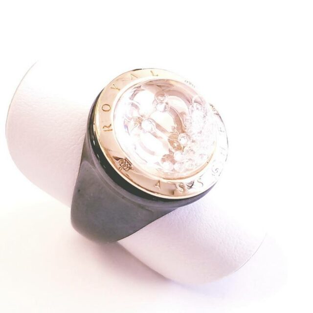 Royal Asscher Stars of Africa Collection 18K Rose Gold Black Ceramics Crystal Globe Ring with Genuine Diamonds
