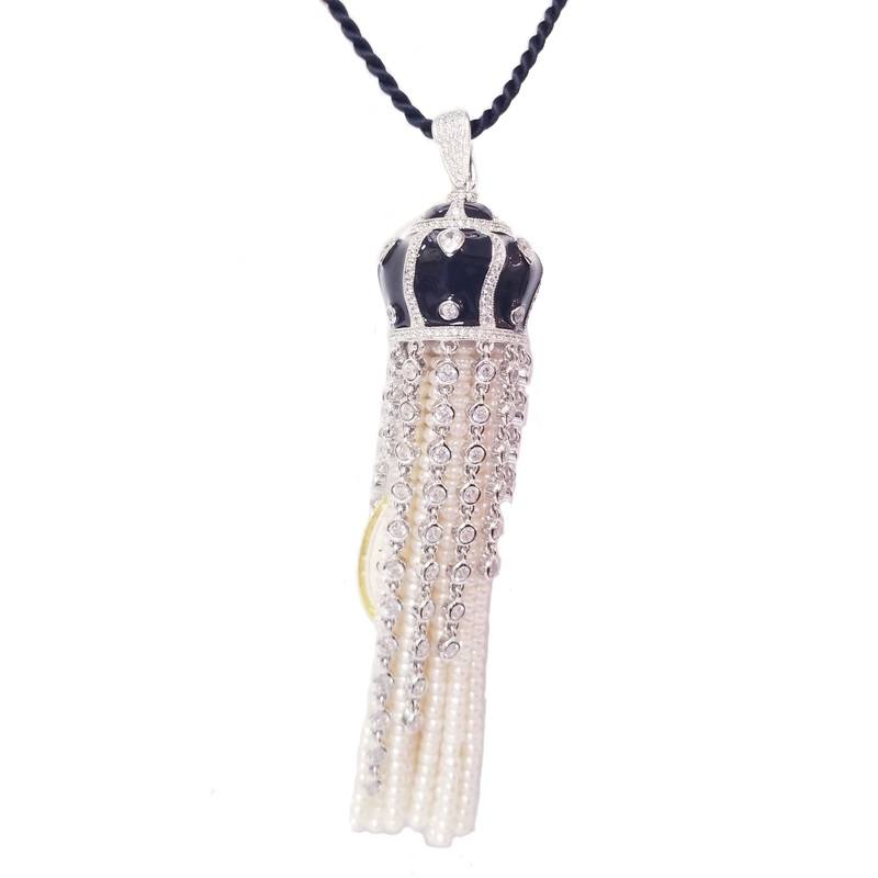 Silver Black Enamel Crown Shaped Necklace with Cubic Zirconia