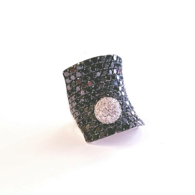 Stefan Hafner “Eye of the Storm” 18K White Gold Oversized Cocktail Band Ring with Pave Diamond Ball and Black Diamonds