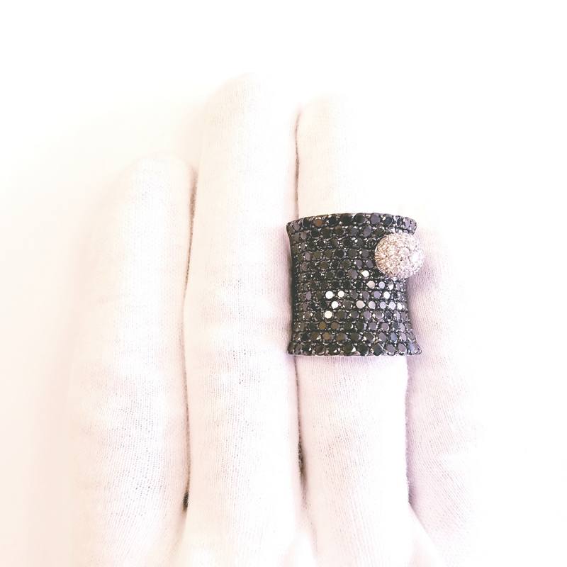Stefan Hafner “Eye of the Storm” 18K White Gold Oversized Cocktail Band Ring with Pave Diamond Ball and Black Diamonds