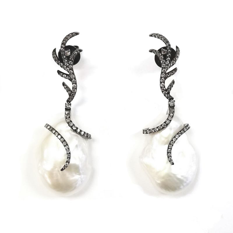 Tara Pearls 14K Black Rhodium Plated Gold Branched Earrings With Diamond And Pearl