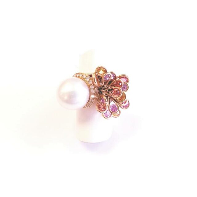 Utopia Jewels 18K Yellow Gold Large Cocktail Ring with Genuine Diamonds, Pink Sapphires and Large Round South Sea Pearl