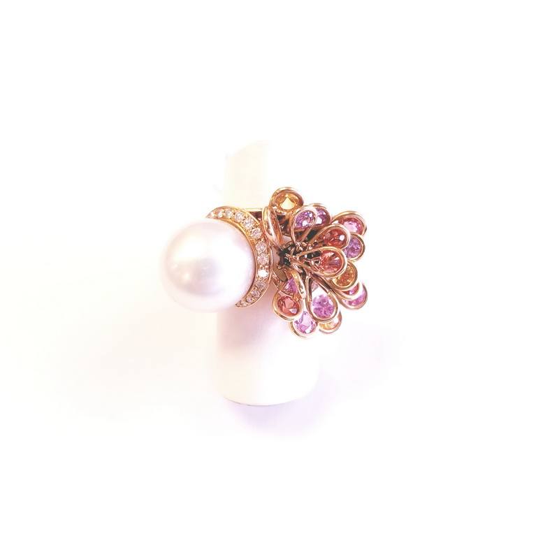 Utopia Jewels 18K Yellow Gold Large Cocktail Ring with Genuine Diamonds, Pink Sapphires and Large Round South Sea Pearl