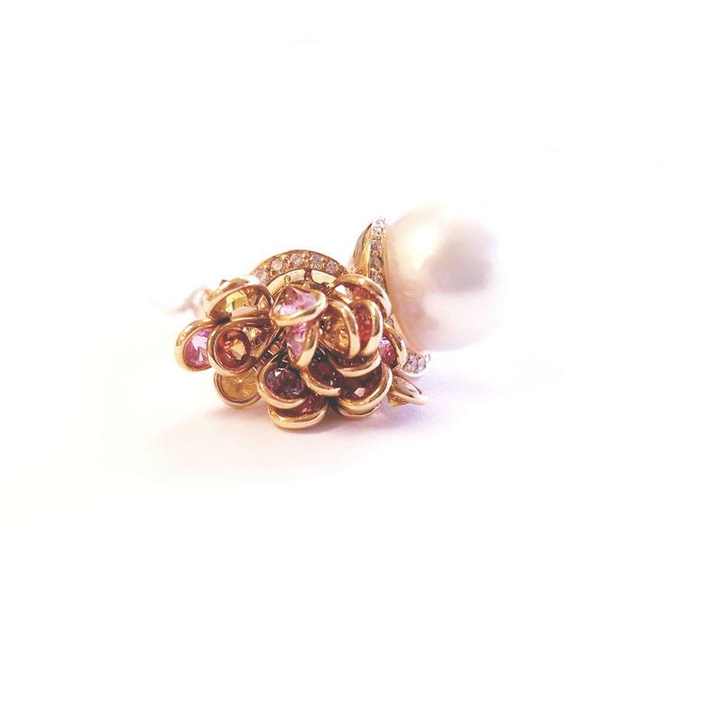 Utopia Jewels 18K Yellow Gold Large Cocktail Ring with Genuine Diamonds, Pink Sapphires and Large Round South Sea Pearl