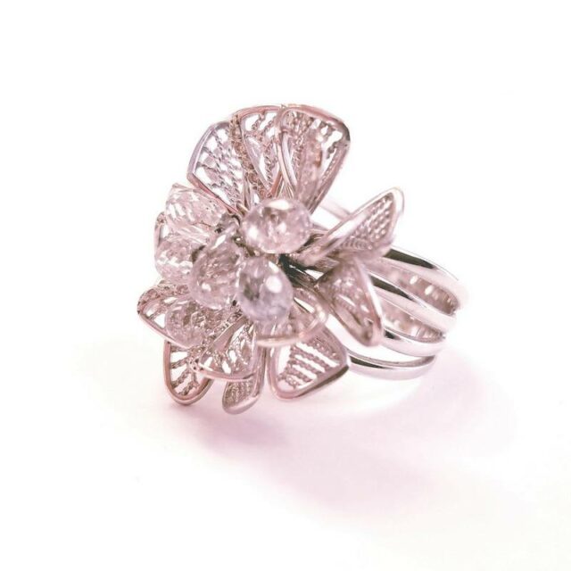 Vancox 18K White Gold Cocktail Flower Ring with White Topaz