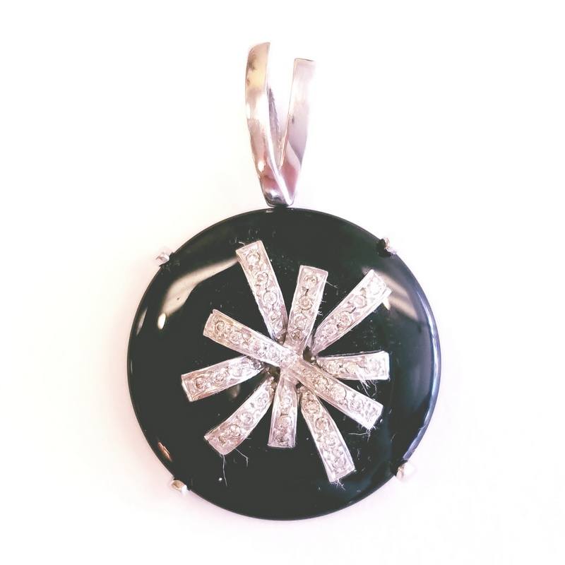 Vancox 18K White Gold Large Round Onyx Pendant with Diamonds