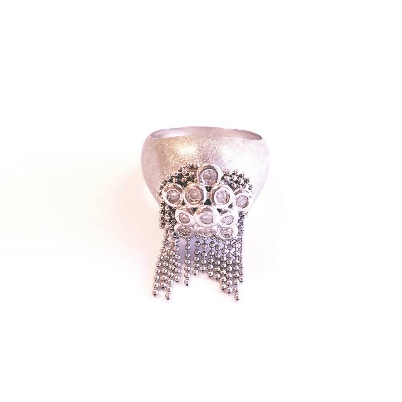 Vancox 18K White Gold Wide Band Ring with Genuine Diamonds and Gold Fringe
