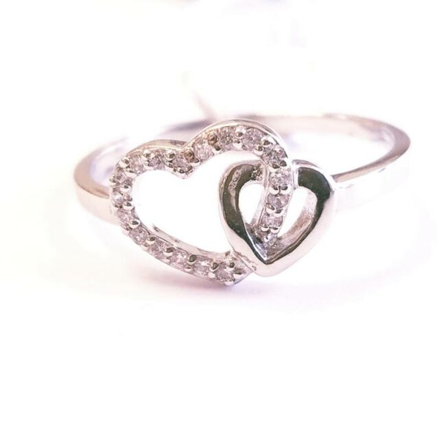 White Rhodium Plated Silver Interlocking Hearts Ring with Cubic Zirconia