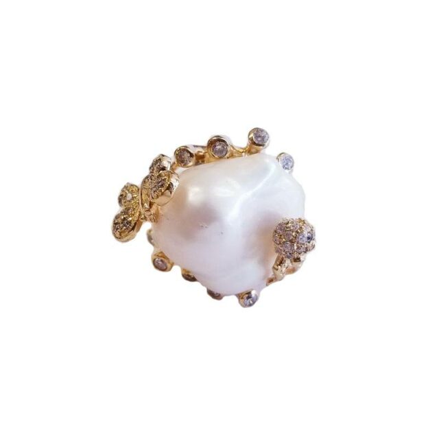 Yellow Gold Plated Sterling Silver Large Pearl Cocktail Ring with Cubic Zirconia