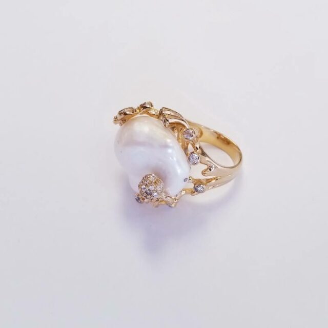Yellow Gold Plated Sterling Silver Large Pearl Cocktail Ring with Cubic Zirconia