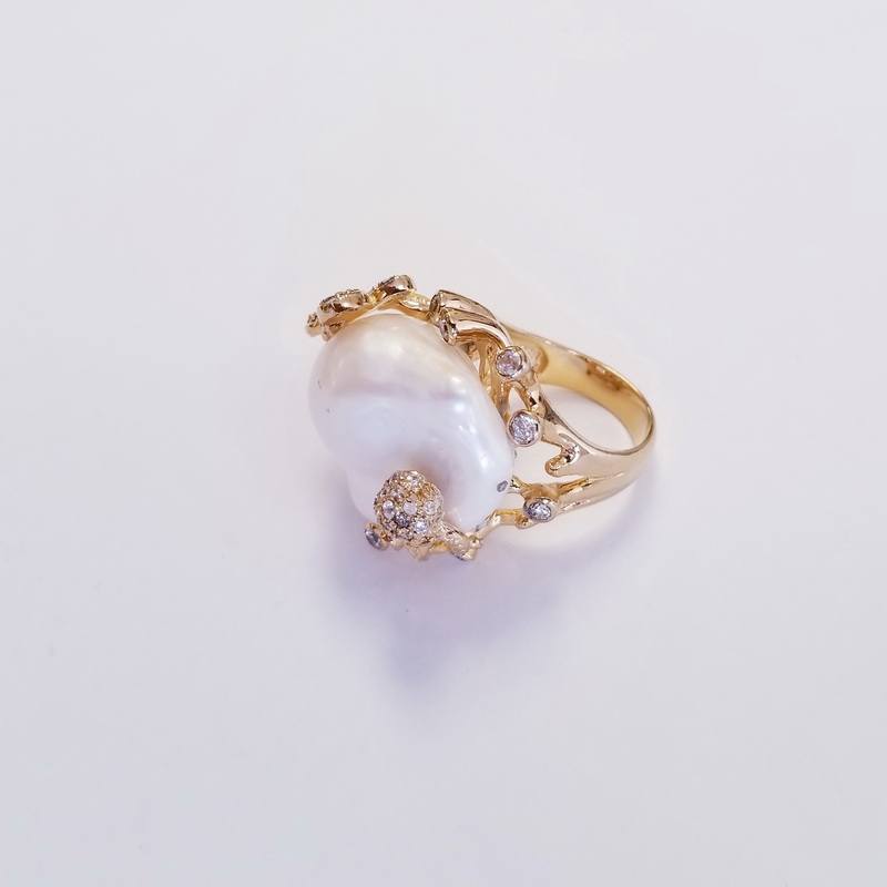 Yellow Gold Plated Sterling Silver Large Pearl Cocktail Ring with Cubic Zirconia