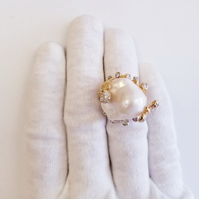 Gold and Cultured Pearl Charm Monogram Cocktail Ring