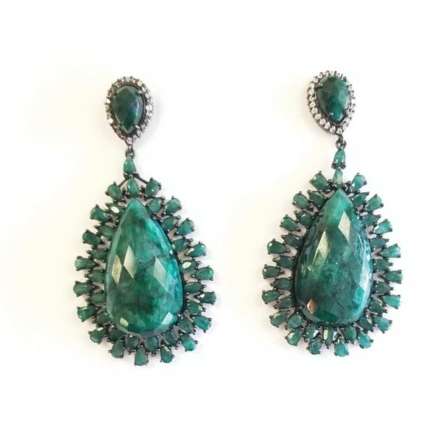 Cristina Sabatini Black Rhodium Plated Silver Draco Earrings With Emerald