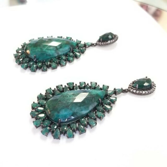 Cristina Sabatini Black Rhodium Plated Silver Draco Earrings With Emerald
