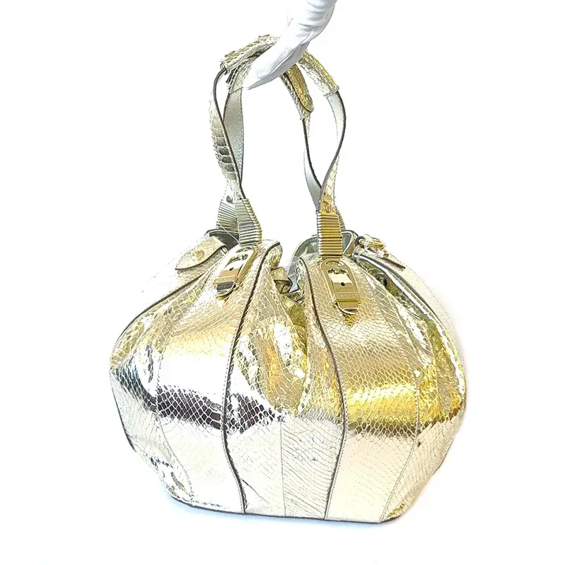 Cesare Paciotti Gold Snakeskin Leather Satchel Handbag