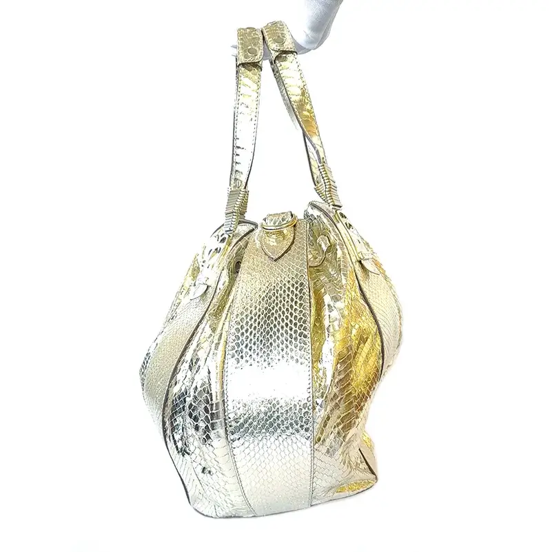 Cesare Paciotti Gold Snakeskin Leather Satchel Handbag