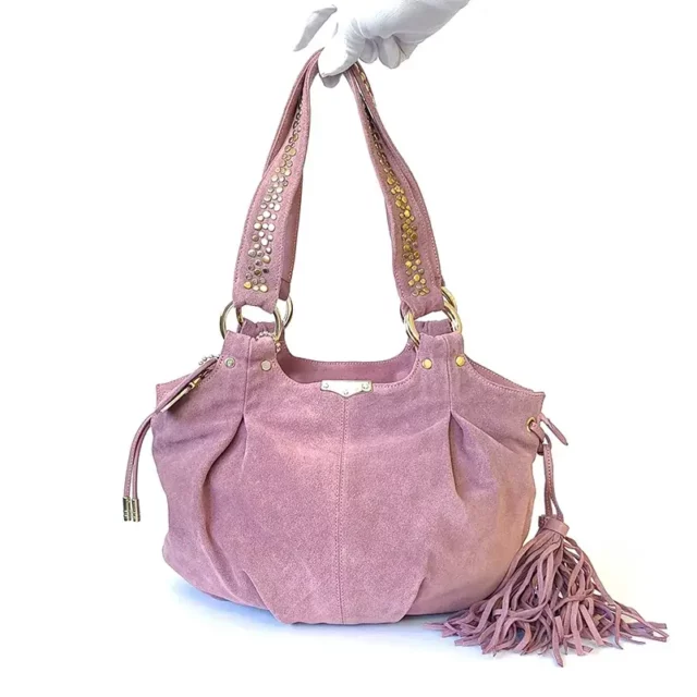Cesare Paciotti Pink Studded Suede Handbag with Gold Hardware