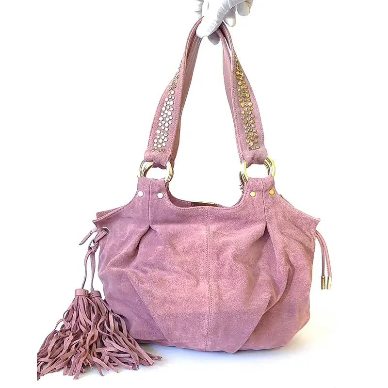 Cesare Paciotti Pink Studded Suede Handbag with Gold Hardware