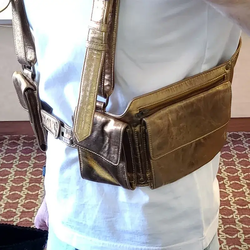 Nicholas K Gold Leather Harness Double Pouch Bag
