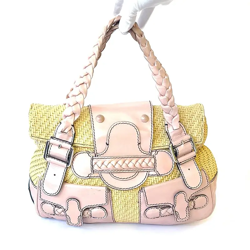 Valentino Pre-Loved Pink Leather and Raffia Shoulder Bag with Silver Hardware