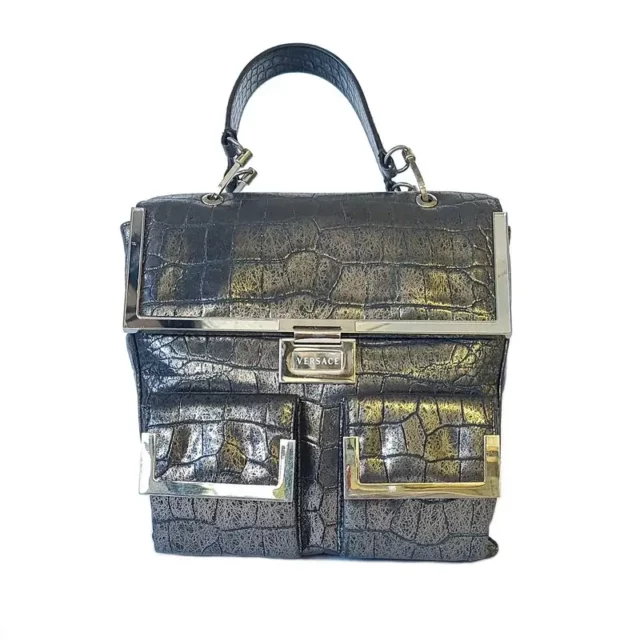 Versace Pre-Loved Black Crocodile Leather Handbag with Silver Hardware