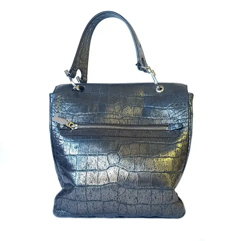 Versace Pre-Loved Black Crocodile Leather Handbag with Silver Hardware