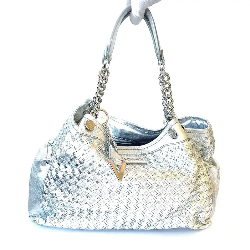 Versace Silver Woven Patent Leather and Lambskin Handbag with Silver Hardware