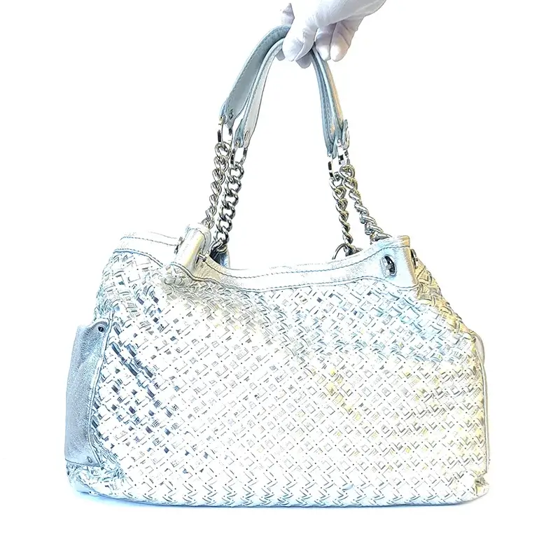 Versace Silver Woven Patent Leather and Lambskin Handbag with Silver Hardware
