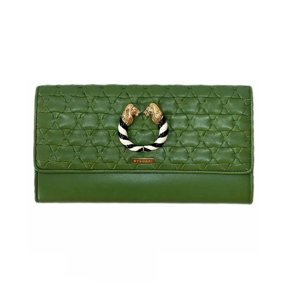 Bulgari Leoni Woven Calfskin Green Leather Wallet