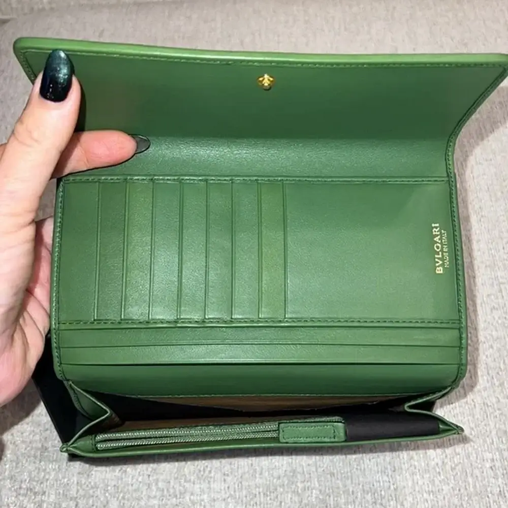Bulgari Leoni Woven Calfskin Green Leather Wallet