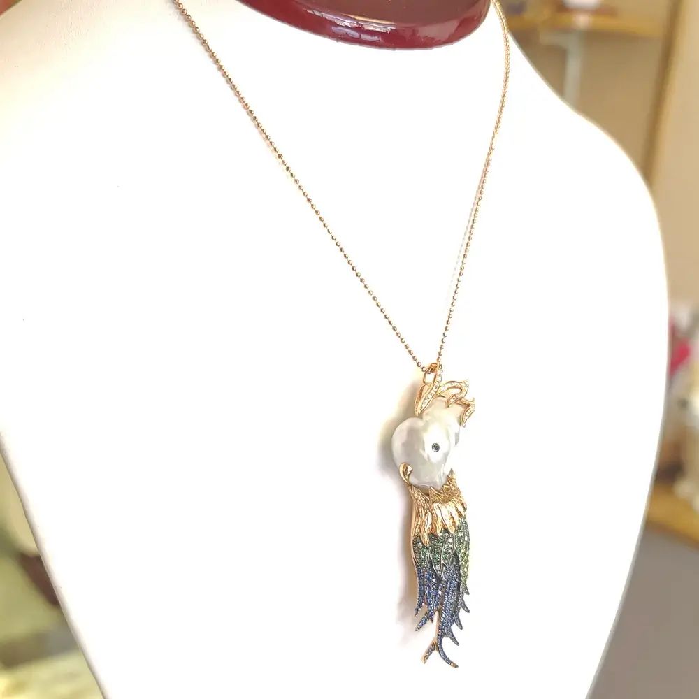 Tara Pearls 18K Rose Gold Parrot Motif Pearl Necklace with Gemstones