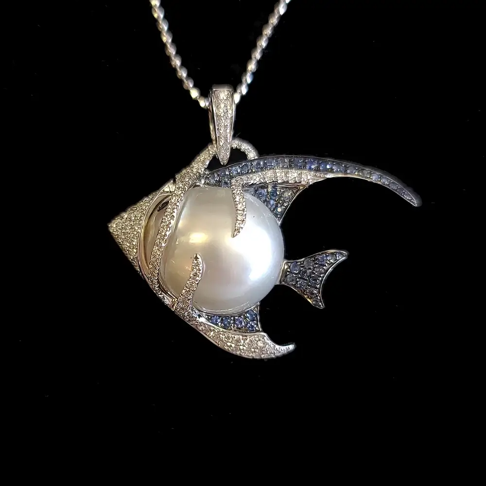 Tara Pearls 18K White Gold Fish Motif Pearl Necklace with Gemstones