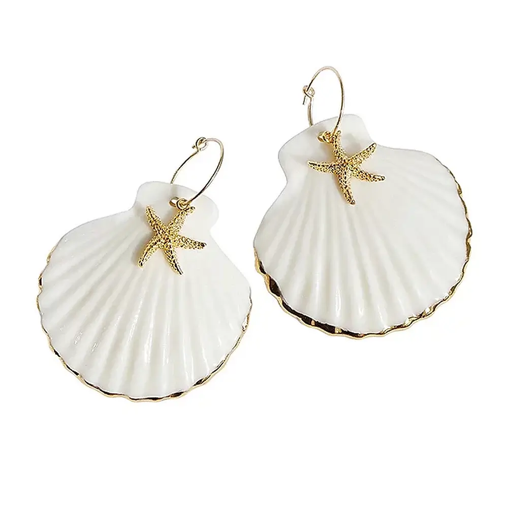 POPORCELAIN Porcelain Golden Edge Clamshell with Starfish Drop Earrings