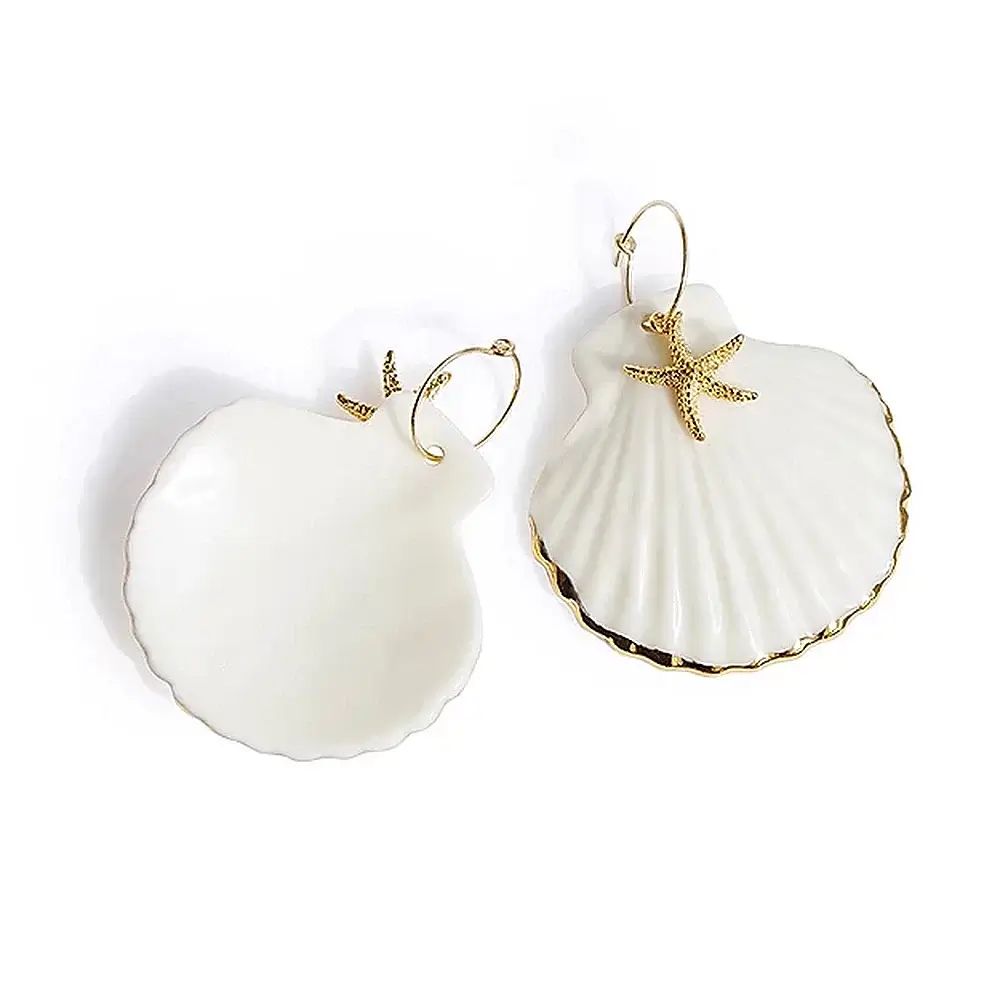 POPORCELAIN Porcelain Golden Edge Clamshell with Starfish Drop Earrings