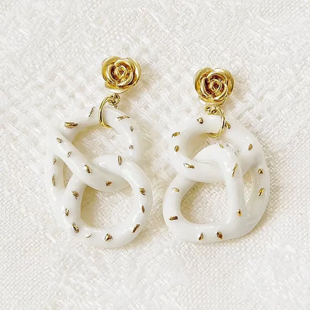 POPORCELAIN Porcelain Golden Rose and Salted Pretzel Drop Earrings