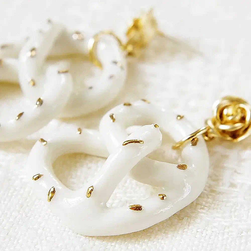 POPORCELAIN Porcelain Golden Rose and Salted Pretzel Drop Earrings
