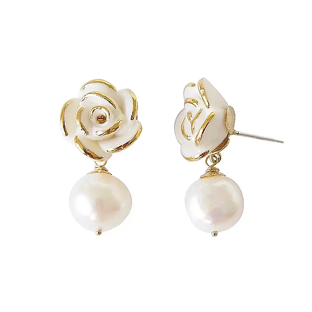 POPORCELAIN Porcelain Golden White Cloud Rose Pearl Drop Earrings