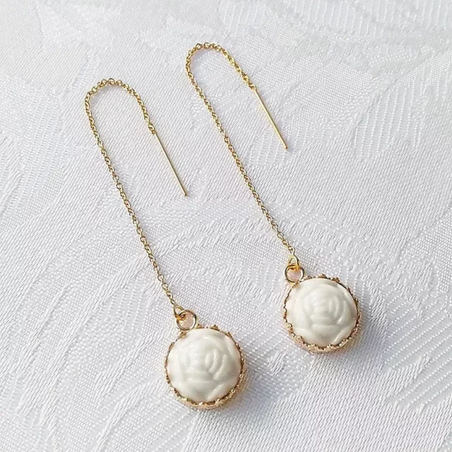 POPORCELAIN Porcelain Rose with Pearl Gold Filled Chain Earrings
