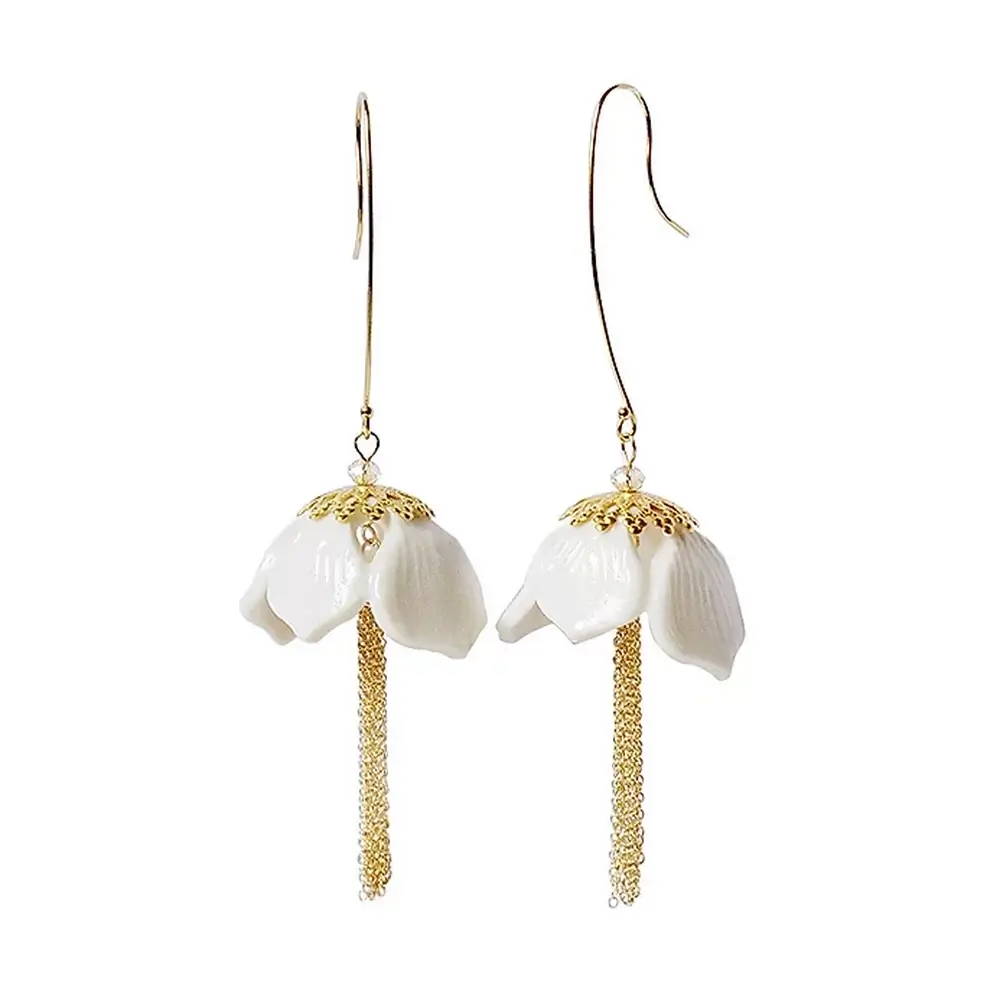 POPORCELAIN Porcelain Snowdrop Flower Tassel Earrings