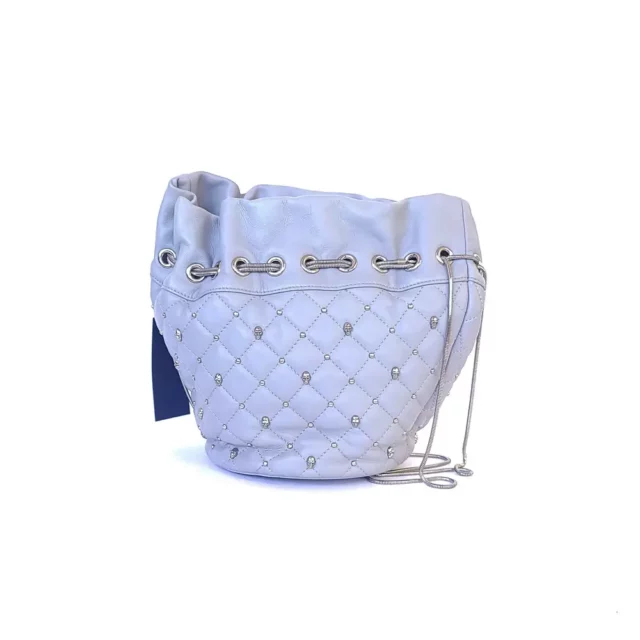 Thomas Wylde White Beaded Leather Double Chain Strap Bucket Bag