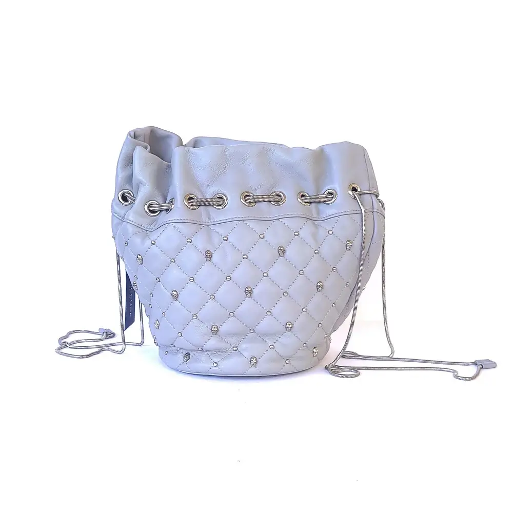 Thomas Wylde White Beaded Leather Double Chain Strap Bucket Bag