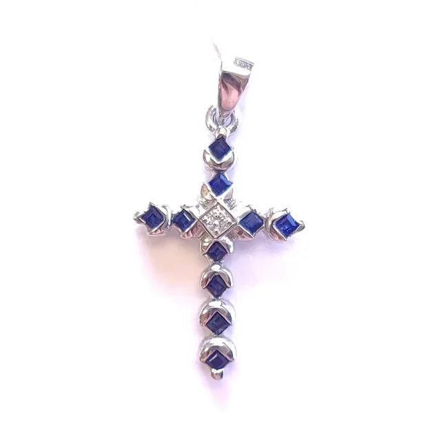 18K White Gold Crescent Cross Pendant with Diamonds and Sapphires
