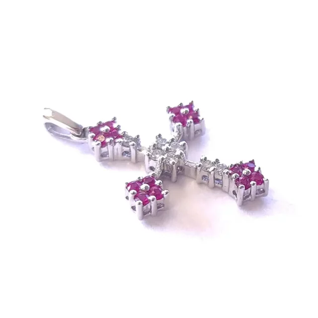 18K White Gold Ruby Flower Cross Pendant with Diamonds