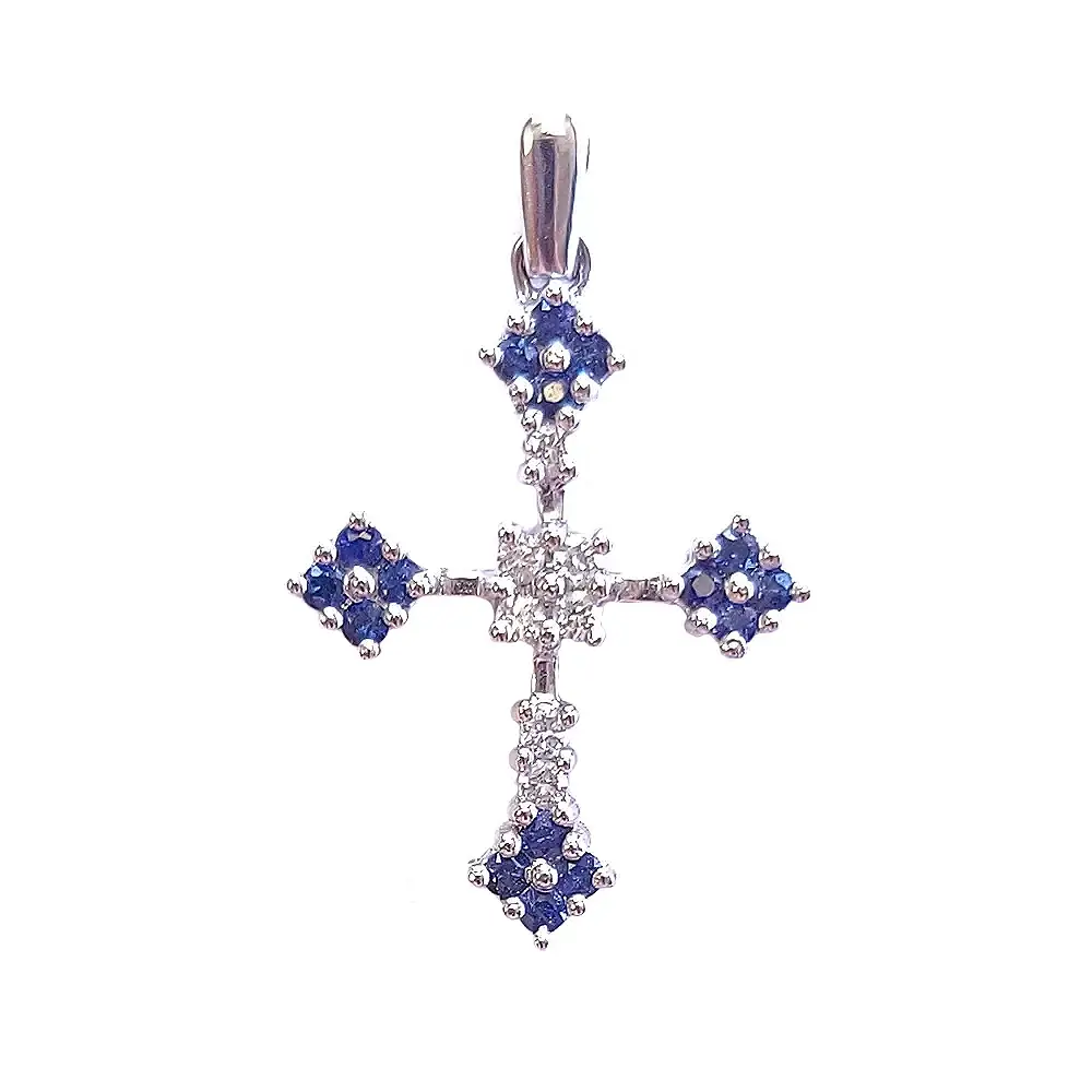 18K White Gold Sapphire Flower Cross Pendant with Diamonds